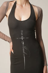 Black Sword Print Halterneck Maxi Dress