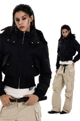 Frostbound Cropped Fur-Hood Jacket - Black