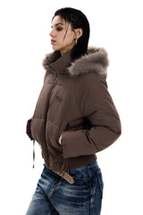 Frostbound Lace-Up Cropped Puffer Jacket - Brown