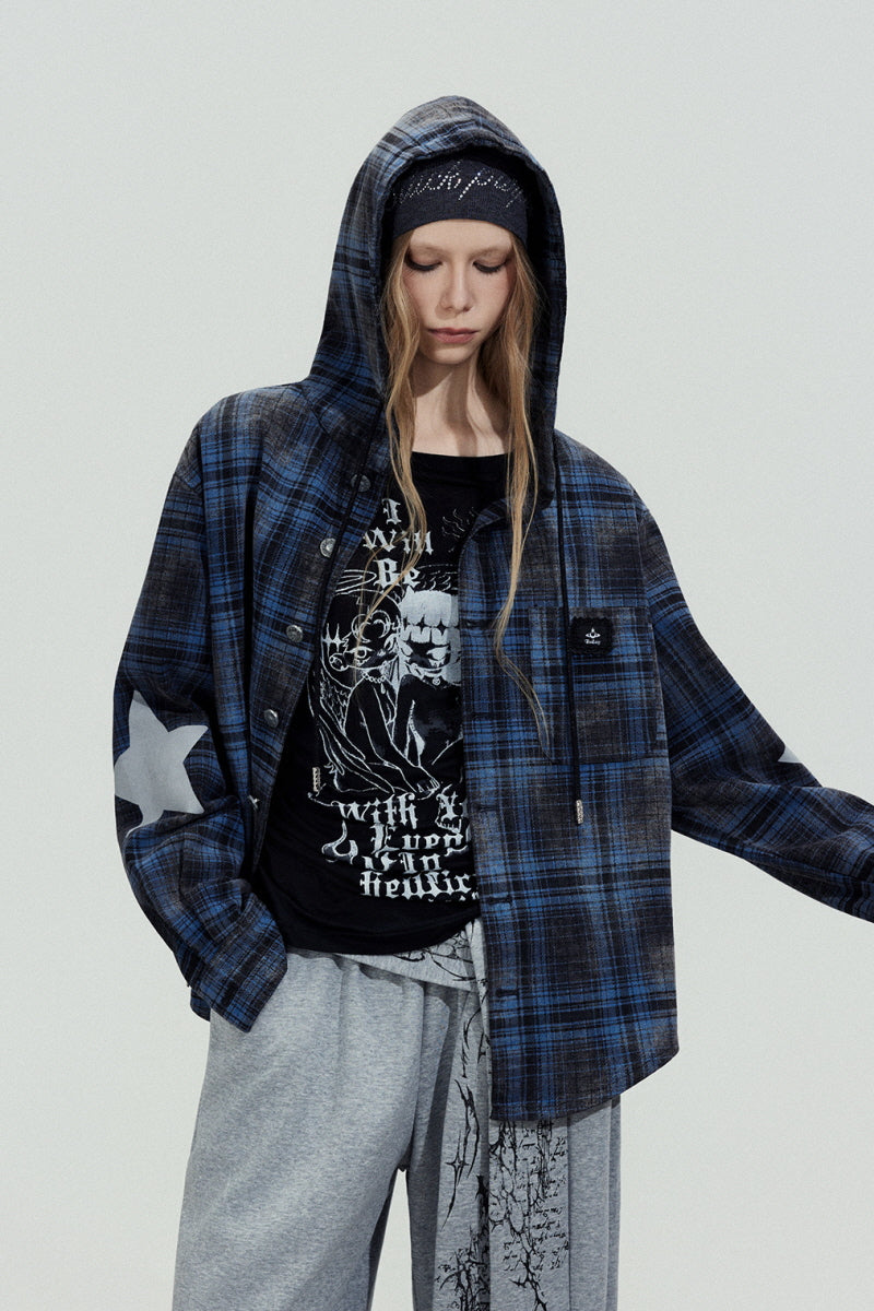 Blue Plaid Hooded Shirt Jacket