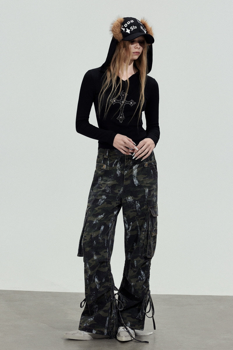 Camo Strap Wide Cargo Pants