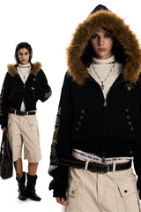 Fur-Trim Rebel Crop Hoodie -Black