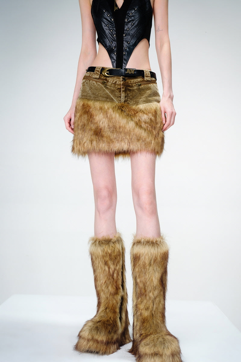 Faux Fur Trim Corduroy Mini Skirt