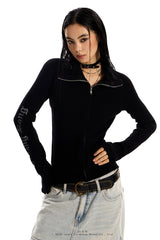 Crossed Shadows Ribbed Zip Sweater - Black
