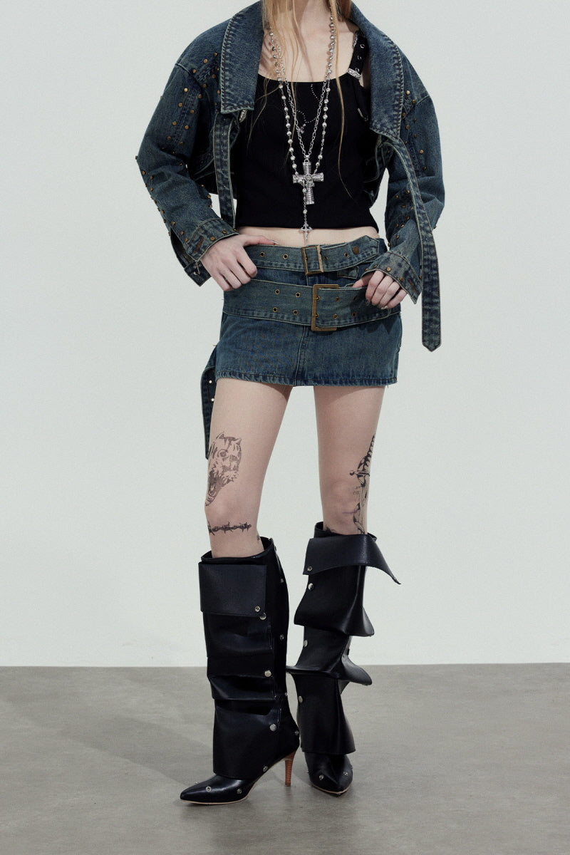 Double Belt Denim Mini Skirt