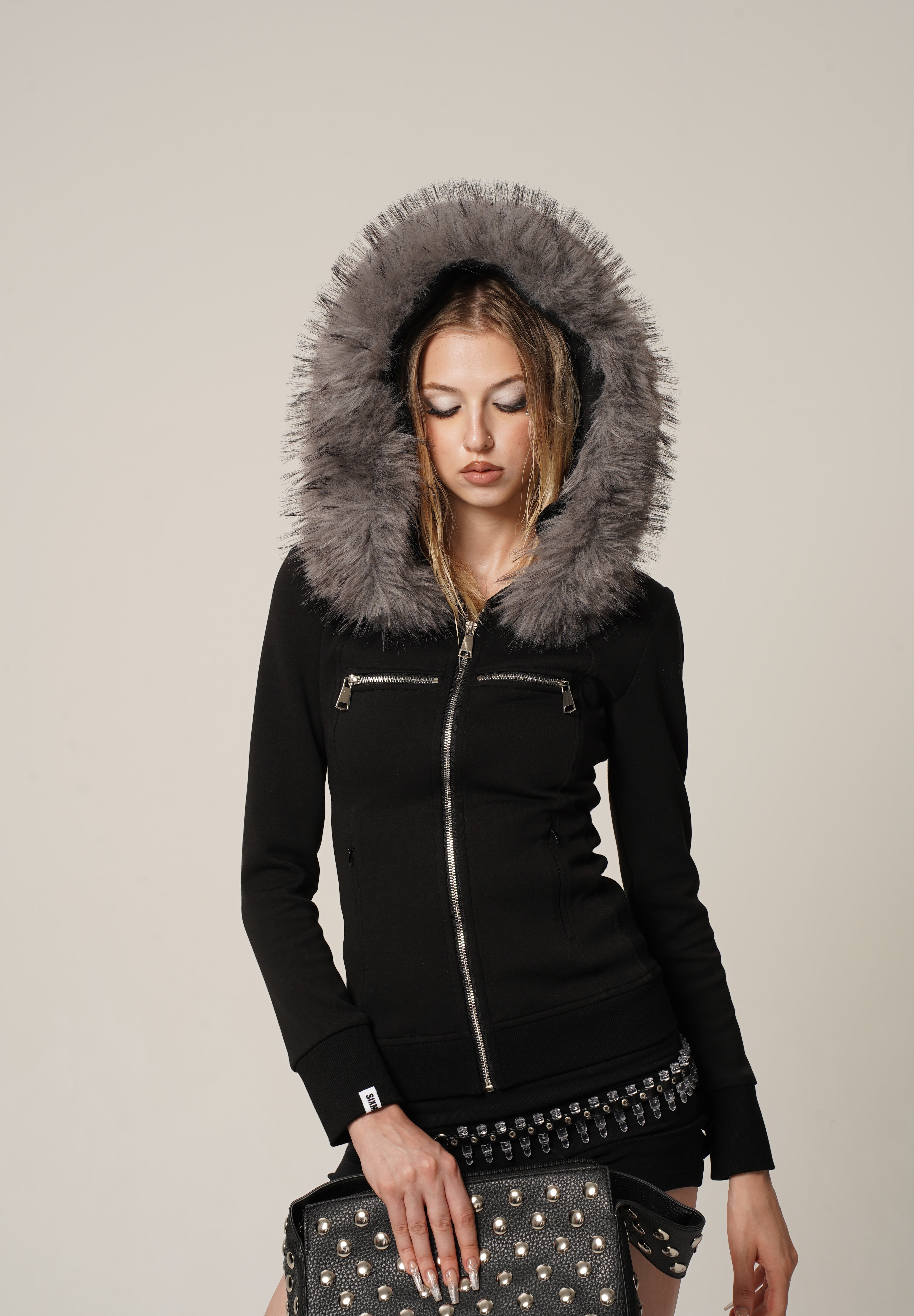 Fur Trimmed Elegance Hoodie Jacket - Black