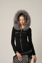 Fur Trimmed Elegance Hoodie Jacket - Black
