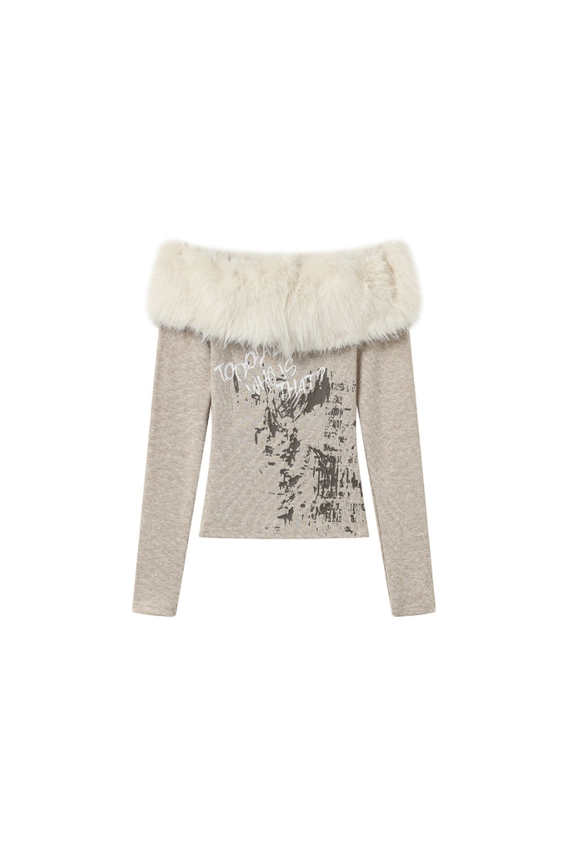 Fur Trim Off-Shoulder Top - Khaki