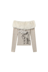 Fur Trim Off-Shoulder Top - Khaki