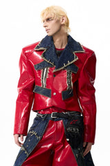 Raw Riot Denim-Panel Cropped Leather Jacket - Red