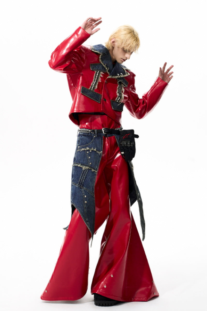 Raw Riot Denim-Panel Cropped Leather Jacket - Red