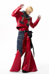 Raw Riot Denim-Panel Cropped Leather Jacket - Red