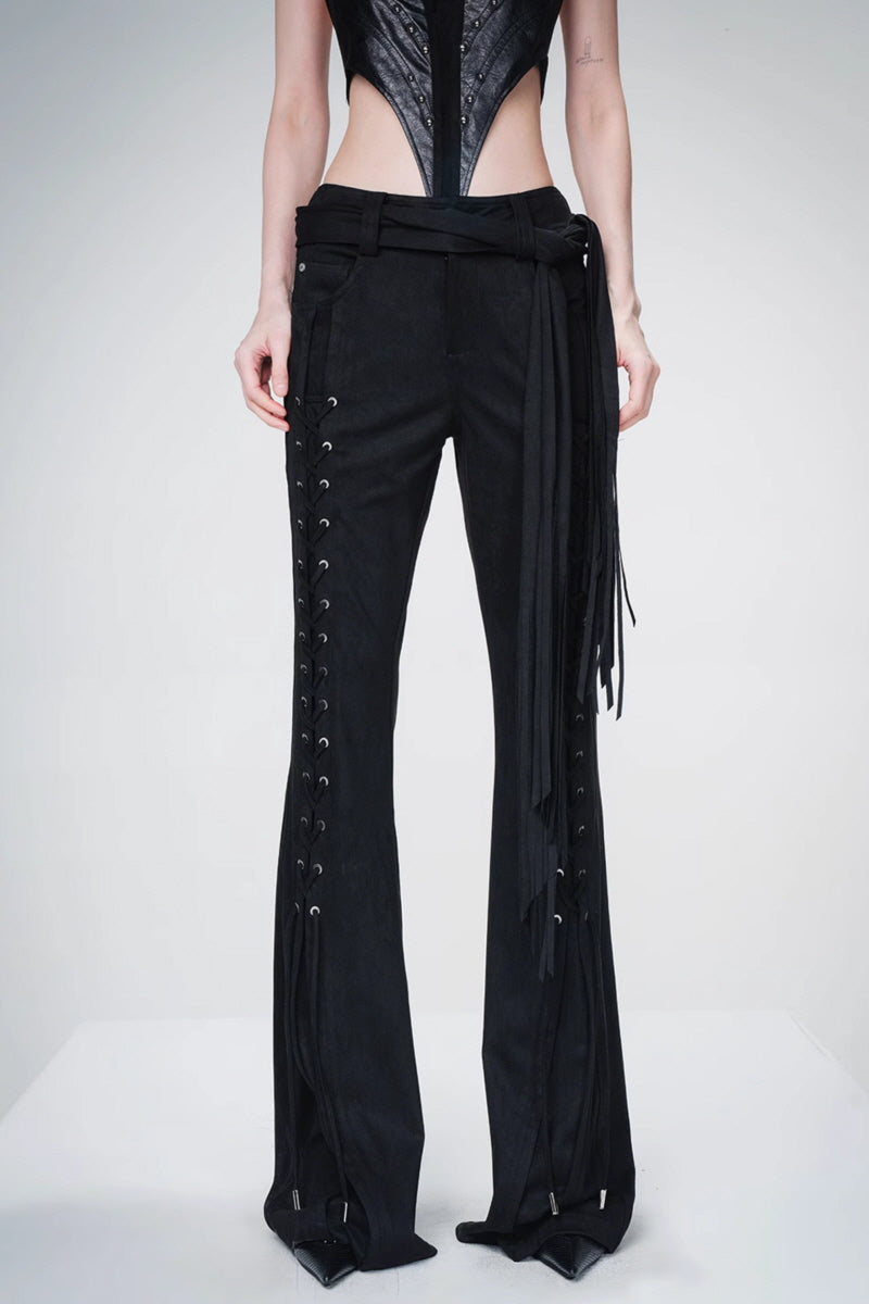 Lace-Up Fringe Flare Pants