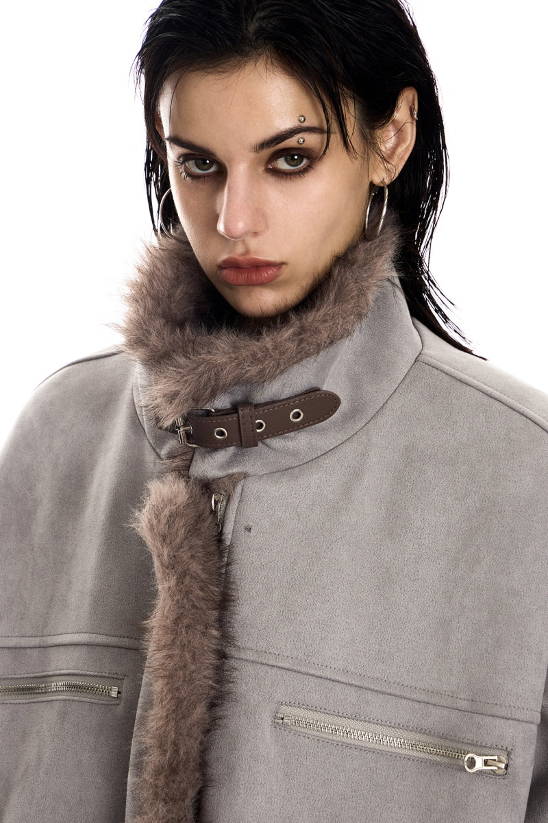 Ash Veil Fur-Trim Suede Jacket