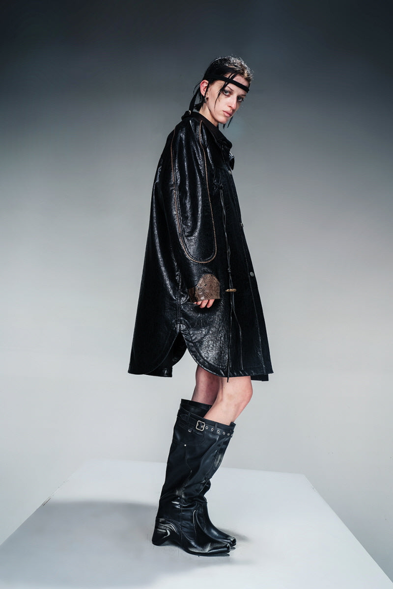 Snakeskin Shadow Oversized Leather Jacket - Black