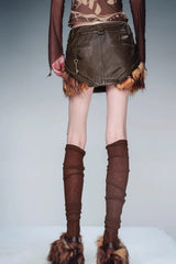 Boundary Shift Fur-Trimmed Leather Skirt-Brown