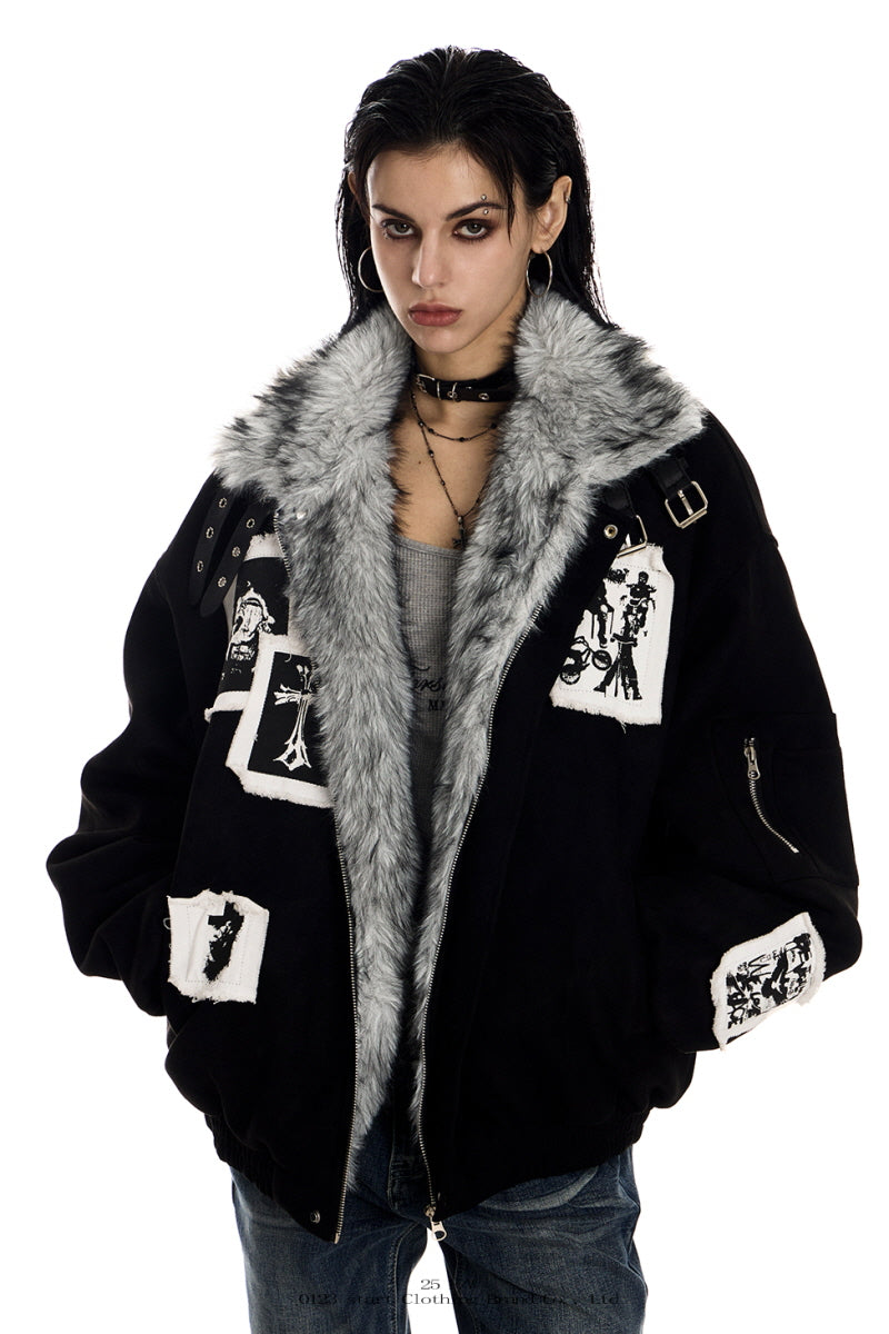 Shadow Patch Fur-Collar Warm Jacket - Black