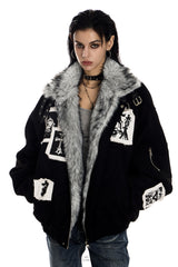 Shadow Patch Fur-Collar Warm Jacket - Black