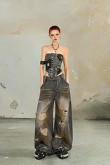 Burned Edge Distressed Wide-Leg Jeans