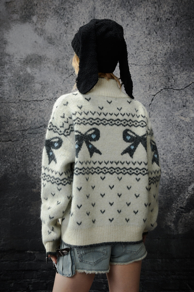 Bow Pattern Fair Isle Knit Cardigan
