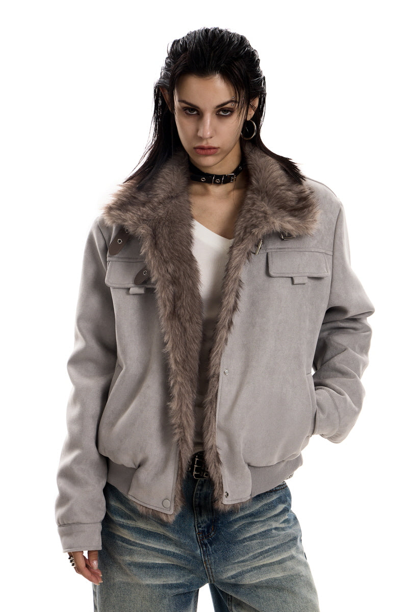 Faux Suede Buckled Fur Collar Jacket - Gray