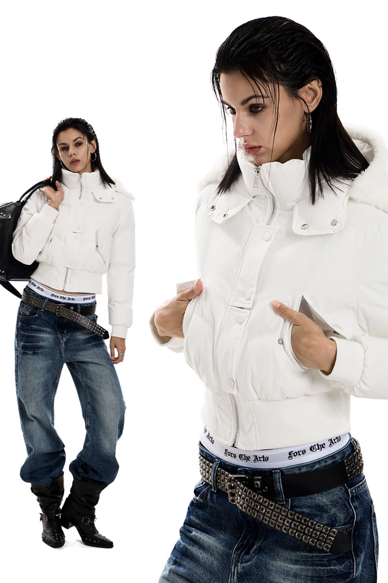 Frostbound Cropped Fur-Hood Jacket - White