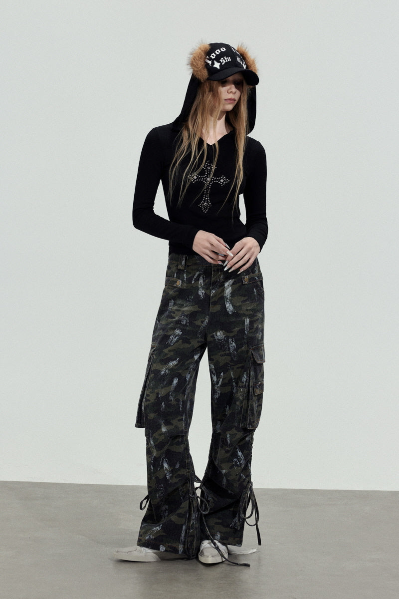 Rhinestone Cross Hooded Slim Top - Black