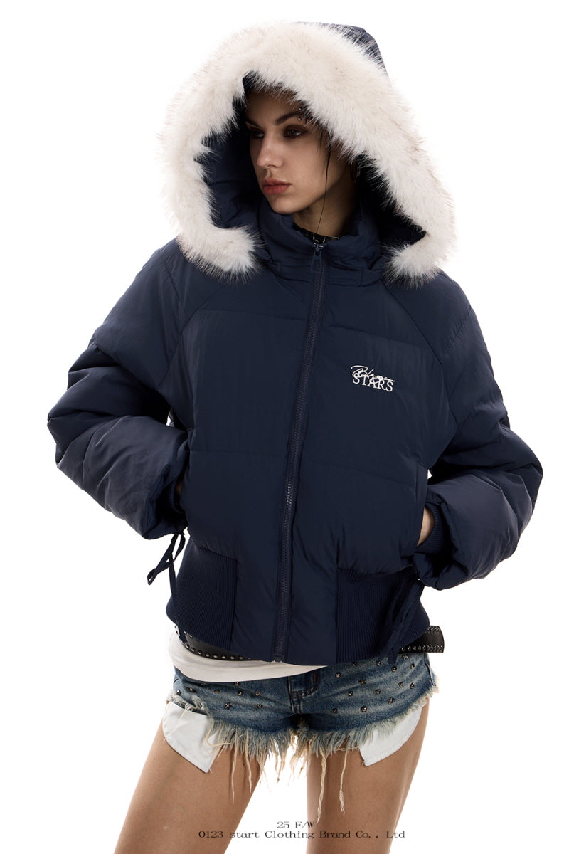 Frostbound Lace-Up Cropped Puffer Jacket - Navy