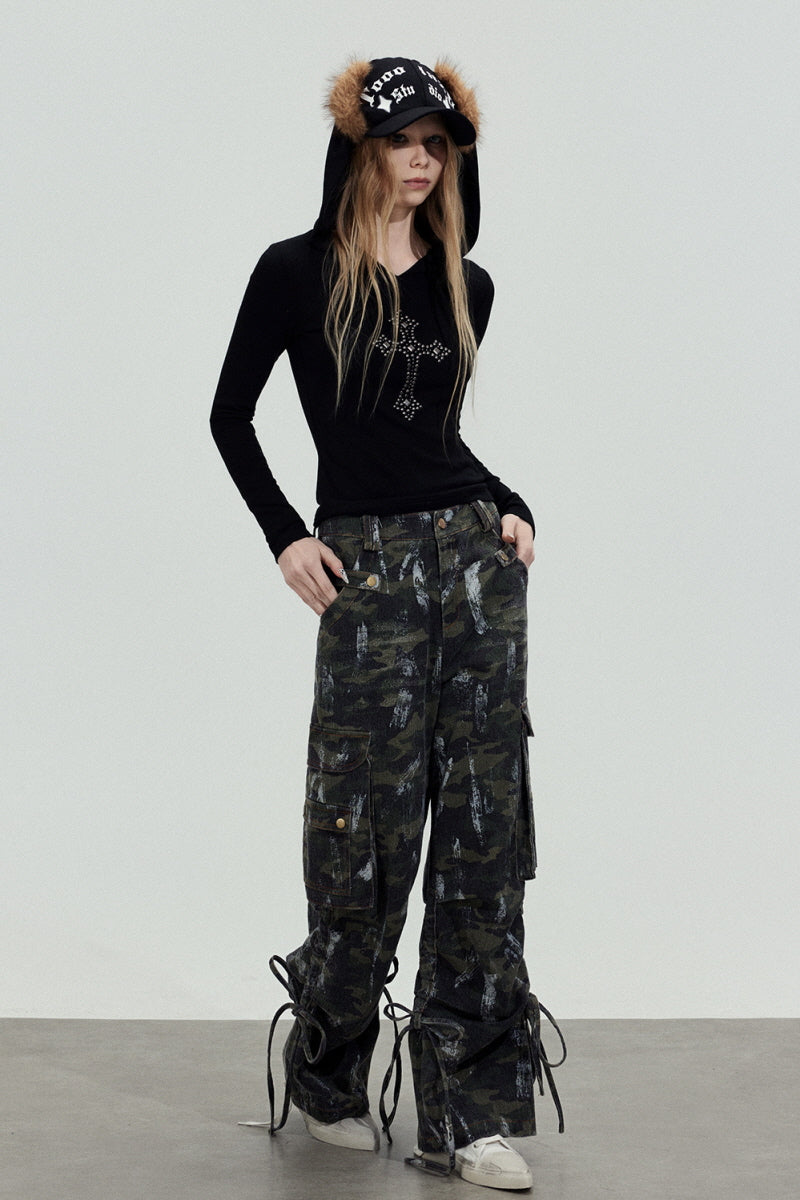 Rhinestone Cross Hooded Slim Top - Black