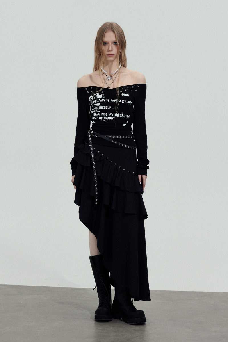 Studded Graphic Off-Shoulder Top