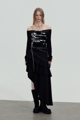 Studded Graphic Off-Shoulder Top