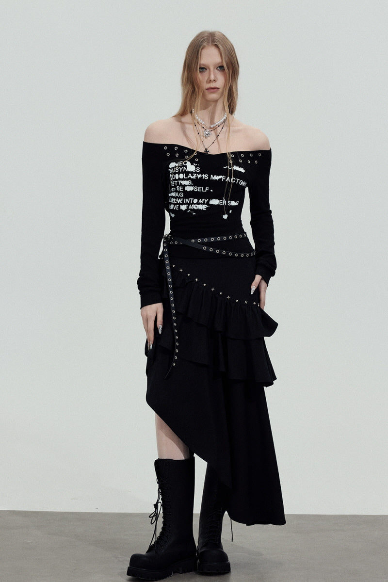 Studded Graphic Off-Shoulder Top