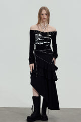 Studded Graphic Off-Shoulder Top