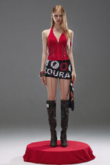 Fierce Lace-Up Halterneck Top - Red