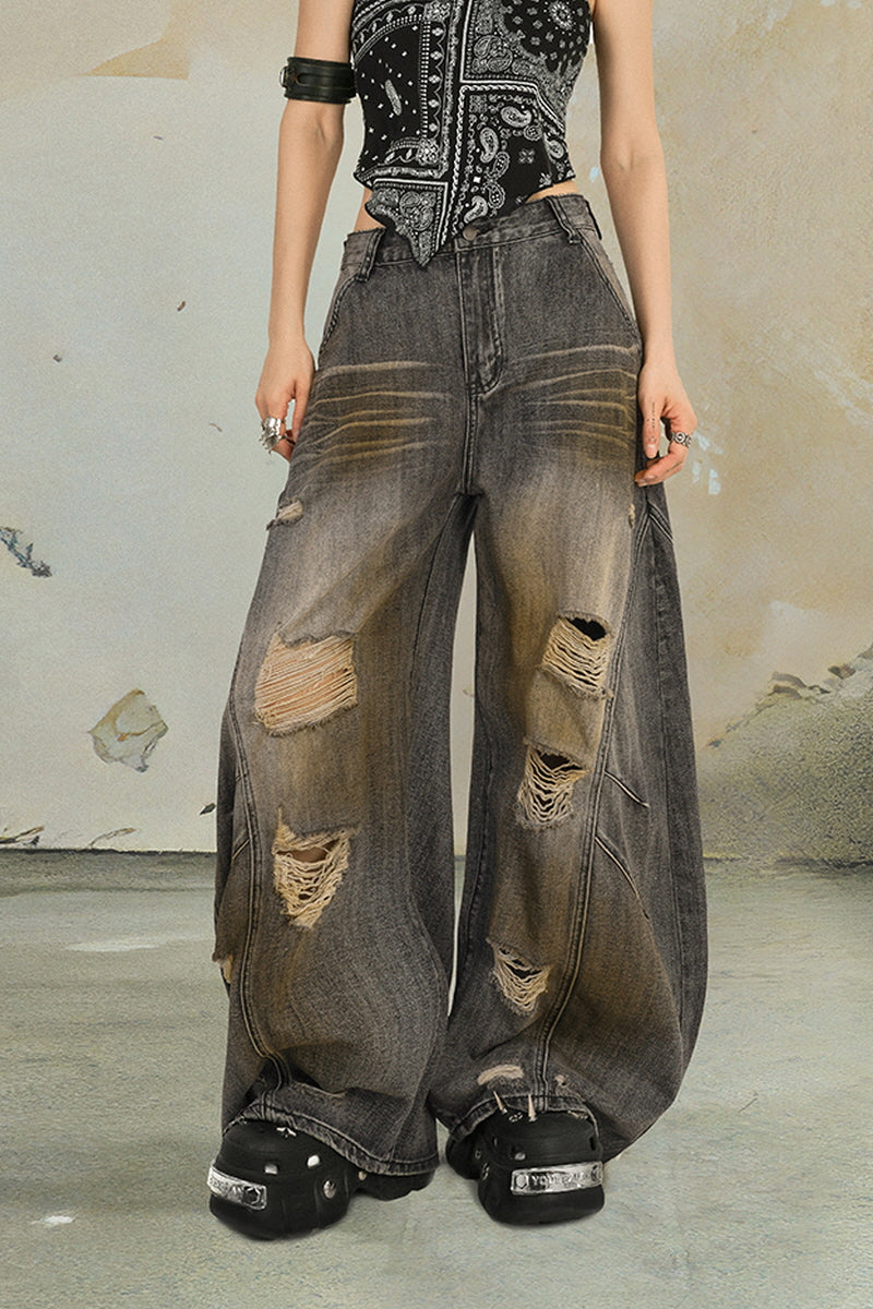 Burned Edge Distressed Wide-Leg Jeans