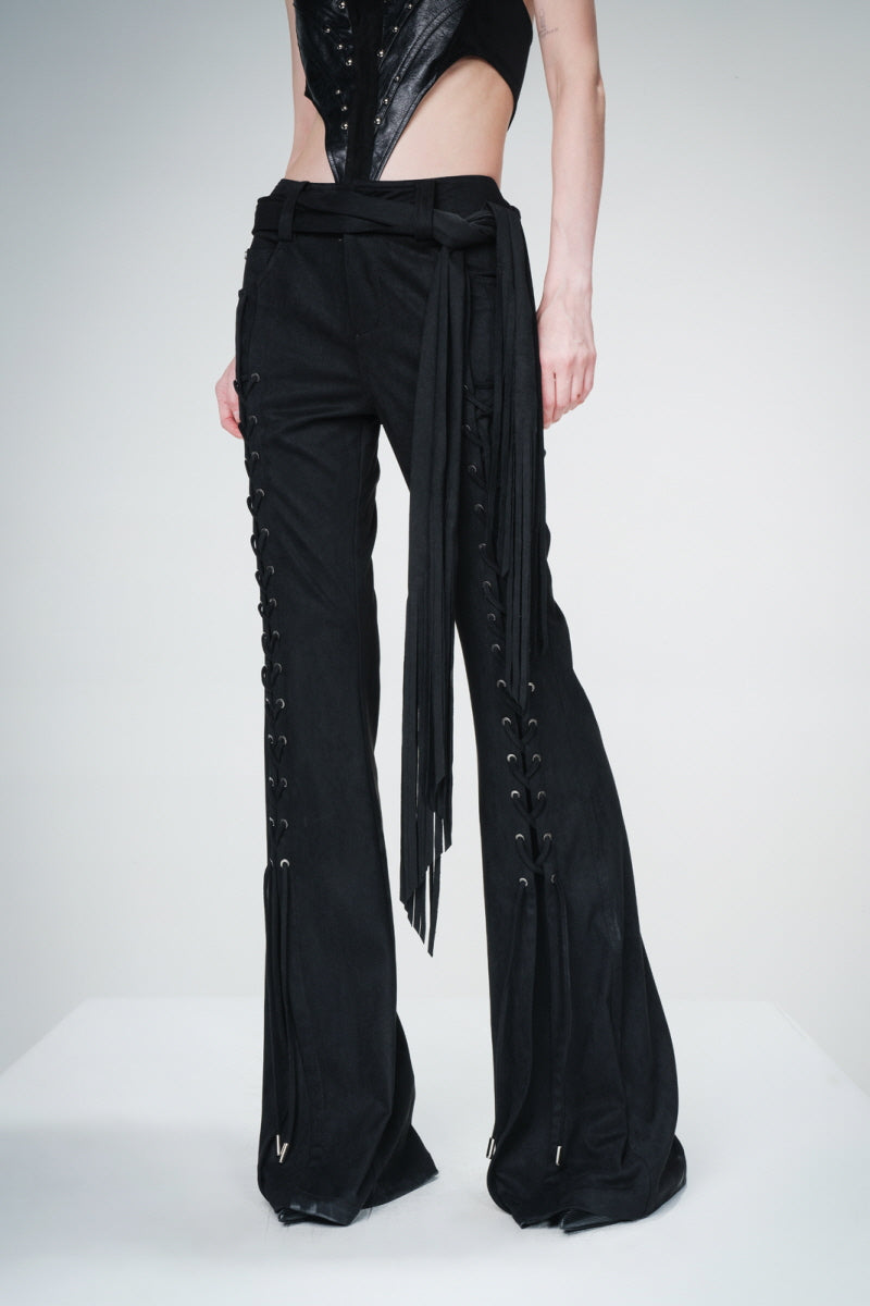 Lace-Up Fringe Flare Pants