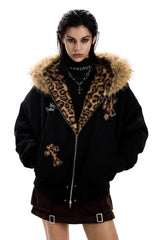 Leopard Cross Faux-Fur Hooded Bomber - Black