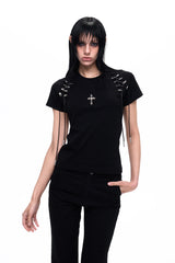 Cross Lace-Up Slim T-Shirt