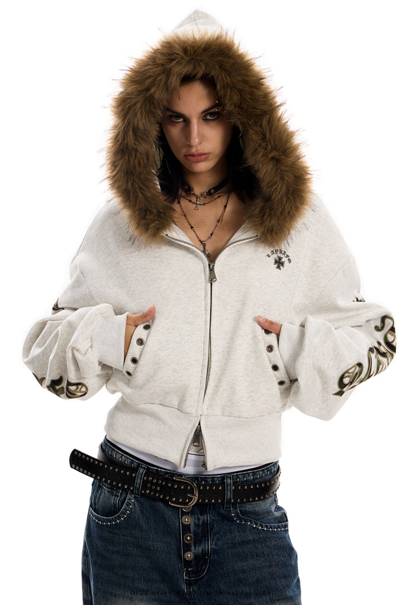 Fur-Trim Rebel Crop Hoodie -Gray
