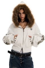 Fur-Trim Rebel Crop Hoodie -Gray