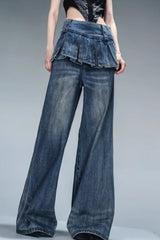 Pleated Overlayer Denim Wide-Leg Pants-Blue