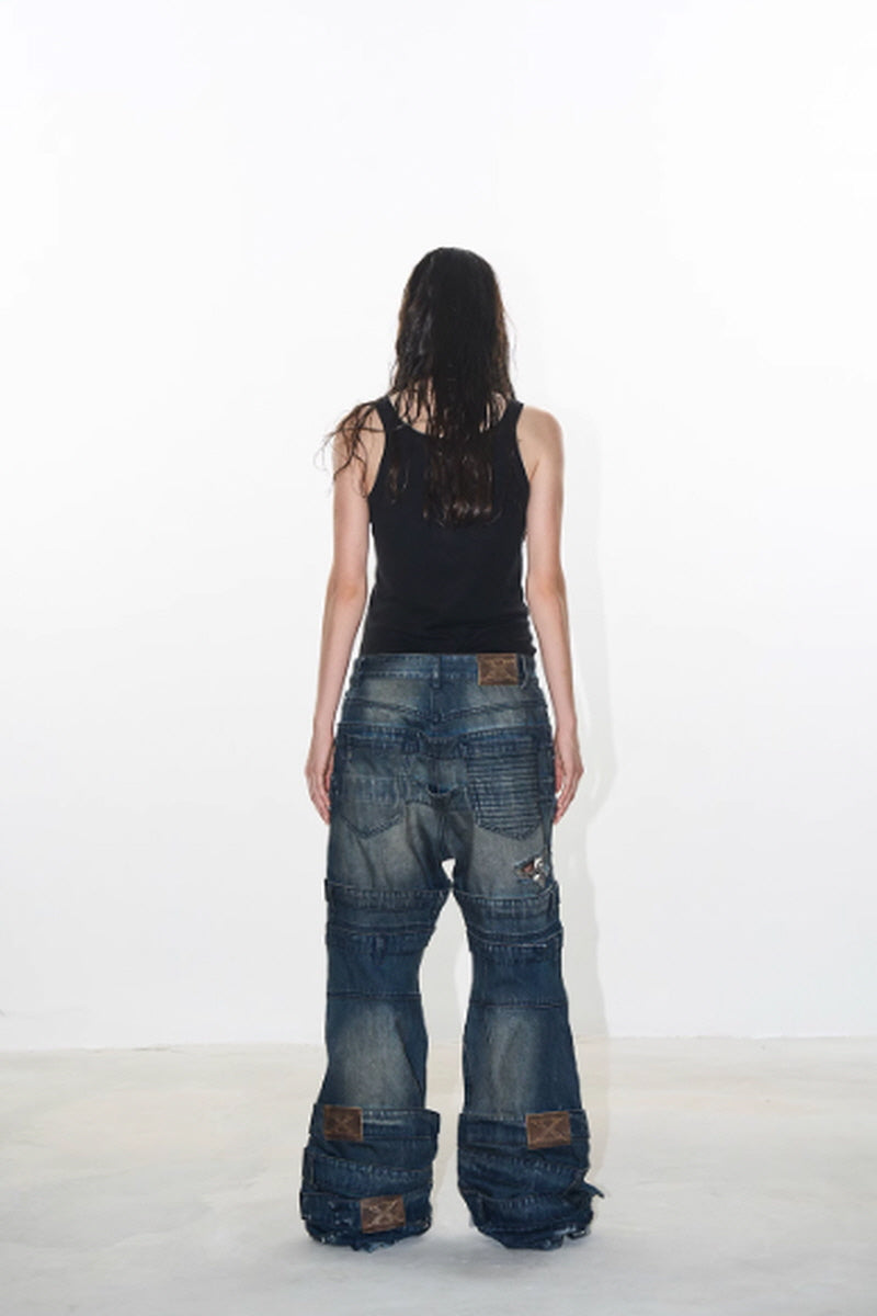 Multi-Band Distressed Bootcut Denim Pants