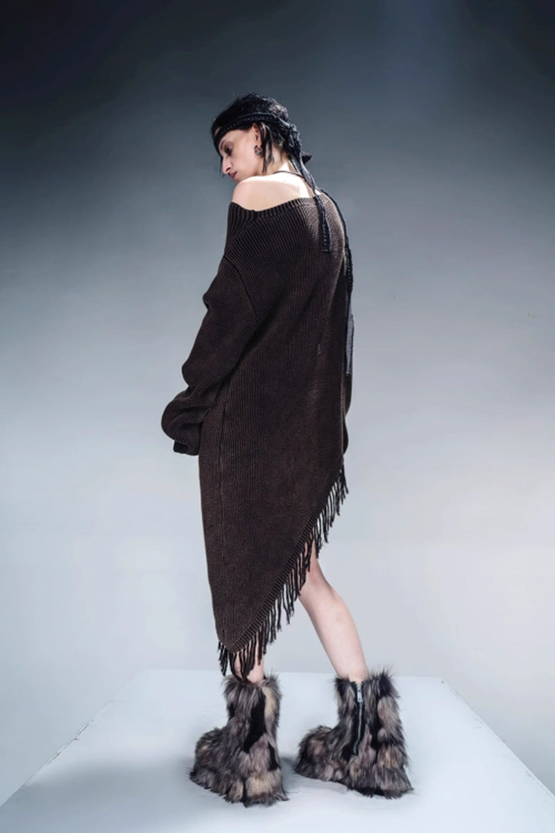 Bohemian Spirit Asymmetrical Fringe Sweater-Gray