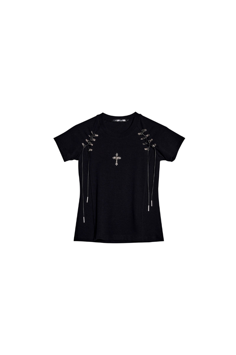Cross Lace-Up Slim T-Shirt