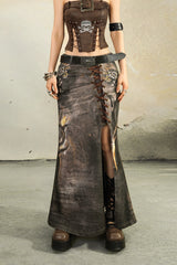 Rust-Stained Lace-Up Long Skirt