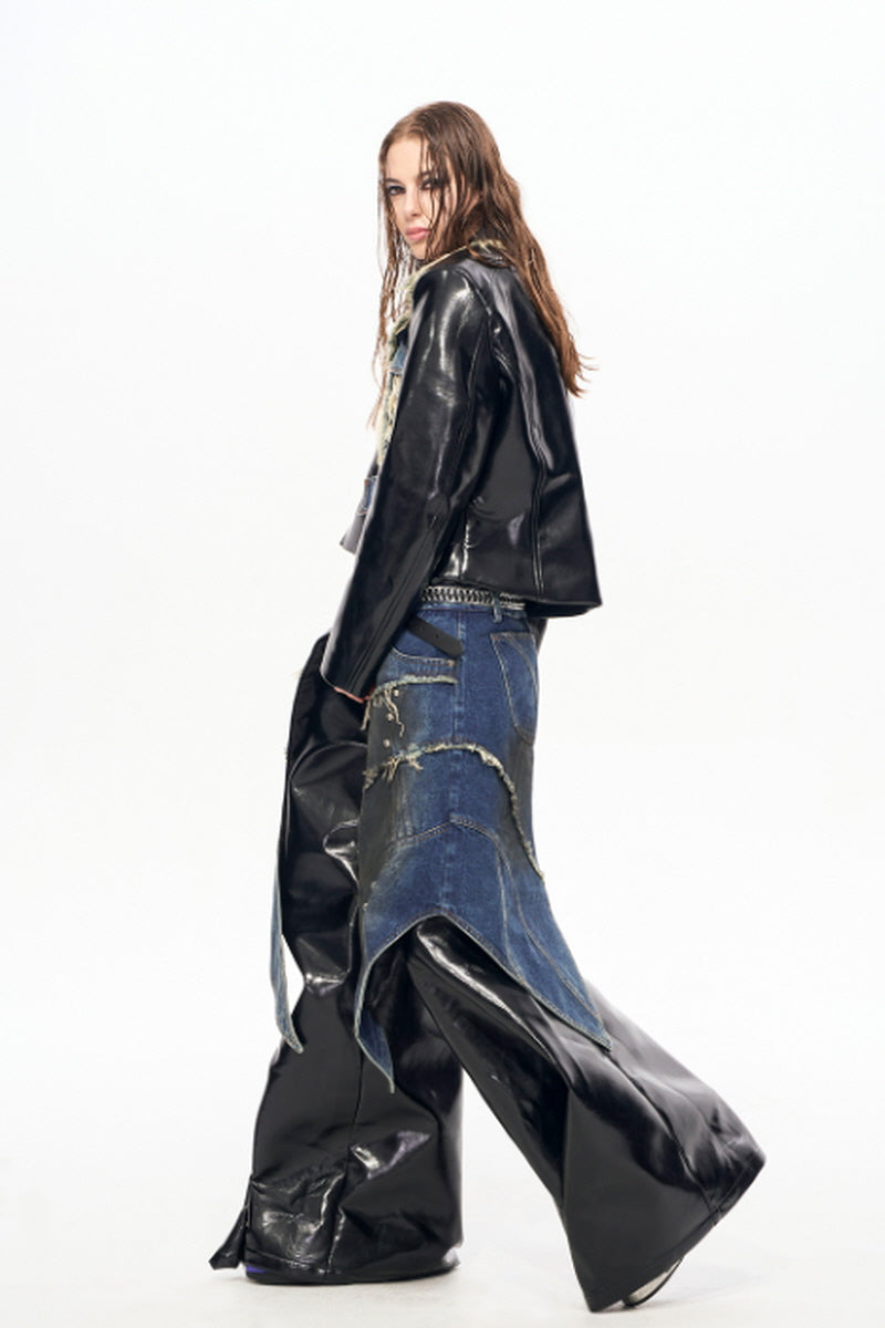 Raw Riot Denim-Panel Cropped Leather Jacket - Black