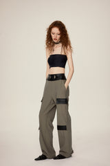 Leather Trim Low-Rise Cargo Pants