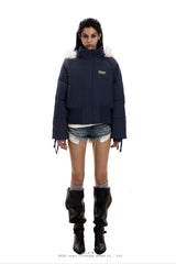Frostbound Lace-Up Cropped Puffer Jacket - Navy