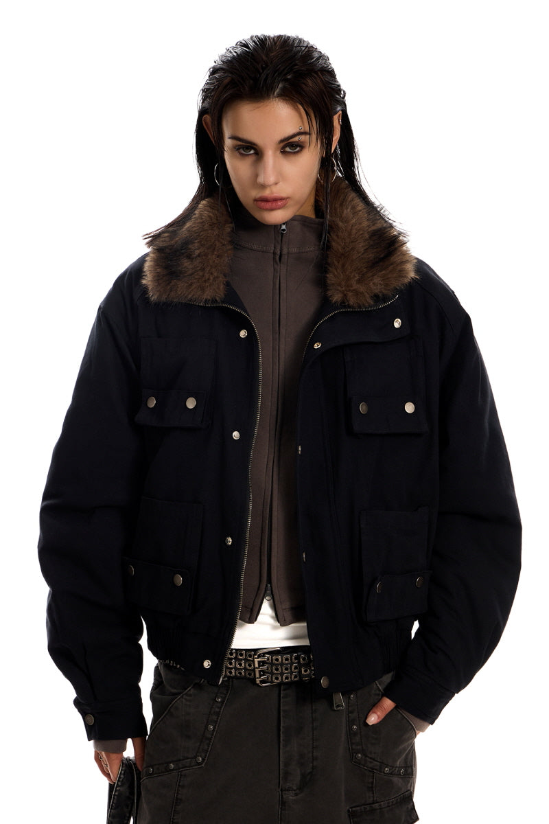 Midnight Cargo Fur-Collar Jacket - Black