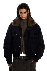 Midnight Cargo Fur-Collar Jacket - Black